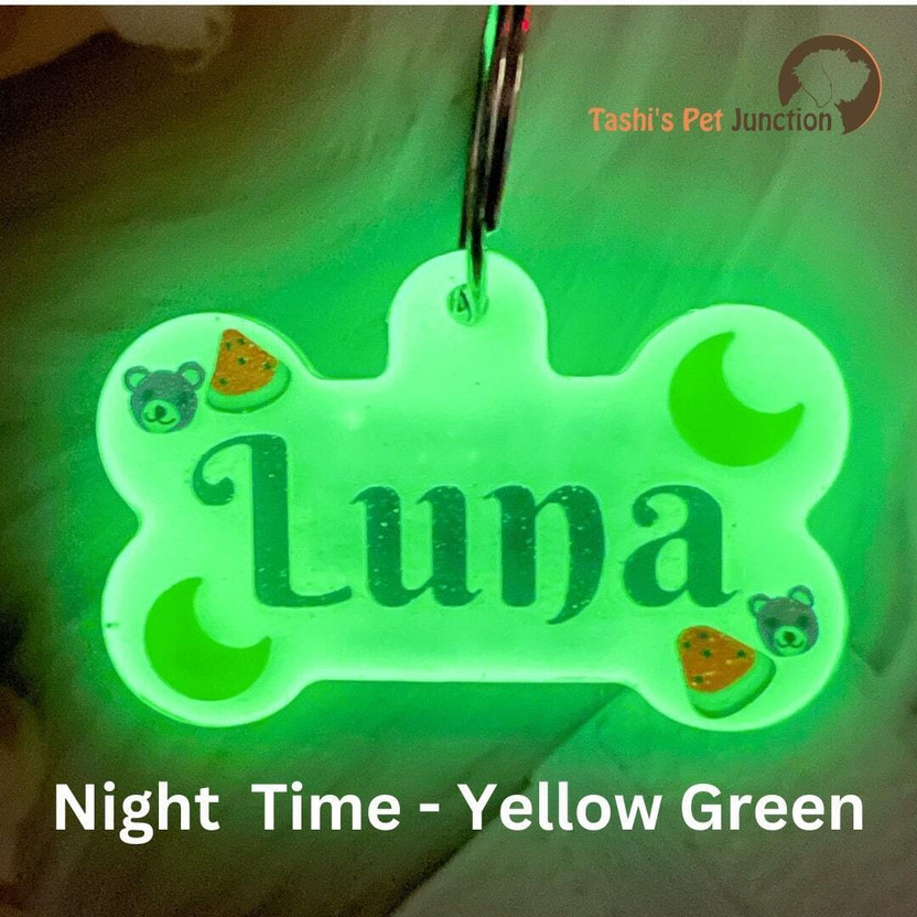 Tashis Pet Junction Personalized Glow in the Dark Custom Pet ID Name Tags Info Engraved Dog & Cat Collar Charm(Yellow Green, Bone)