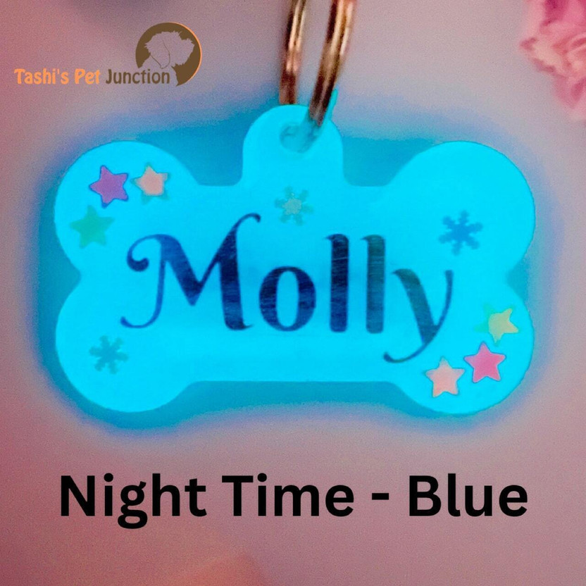 Tashis Pet Junction Tashis Pet Junction Personalized Glow in the Dark Custom Pet ID Name Tags Info Engraved Dog & Cat Collar Charm(Milky White Blue, Bone)