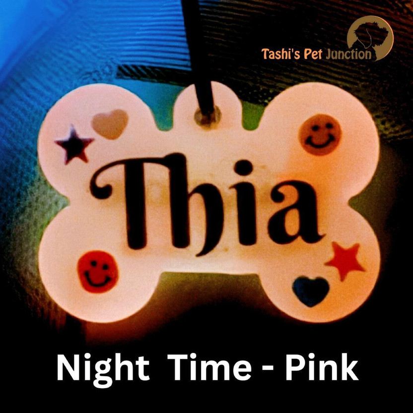 Tashis Pet Junction Personalized Glow in the Dark Custom Pet ID Name Tags Info Engraved Dog & Cat Collar Charm(Pink, Bone)