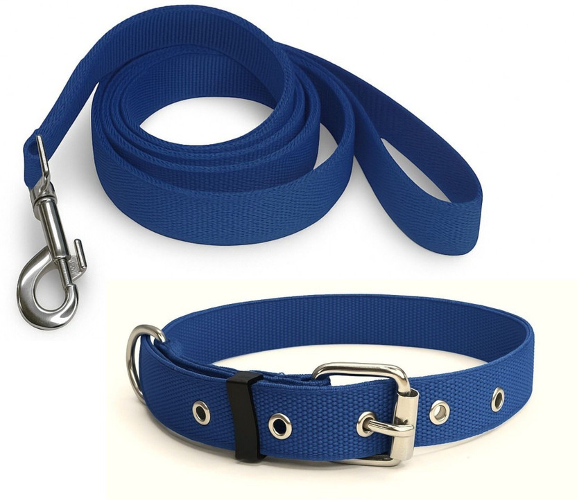 Om Leather Product Comfortable Neck Belt Dog Collar & Leash(Large, BLUE)