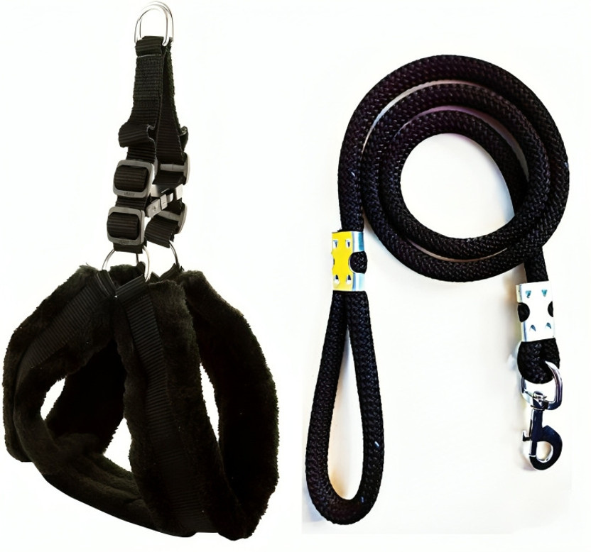 PetJoy Dog Fur Harness with Leash Rope, Adjustable Pet Harness, Chest: 24-33 inch Dog Harness & Leash(Medium, Black)