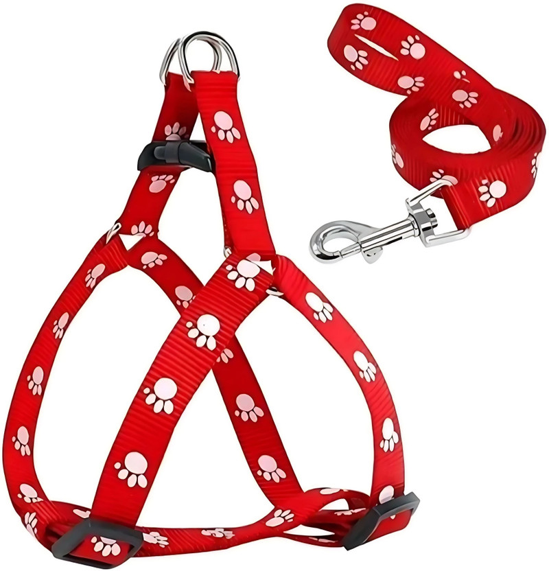 chullbull pet products 10 mm Paw Print Leash and Harness Set for Small ,Medium Puppy Dog & Cat Harness & Leash(Small, Red)
