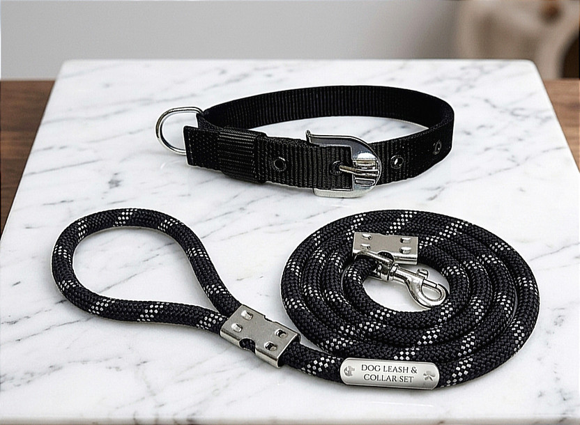 PETHUB MART Dog Belts Set – Export Quality 12mm Dog Leash with 1 Inch Adjustable Dog Collar Dog & Cat Collar & Leash(Large, Black & white)