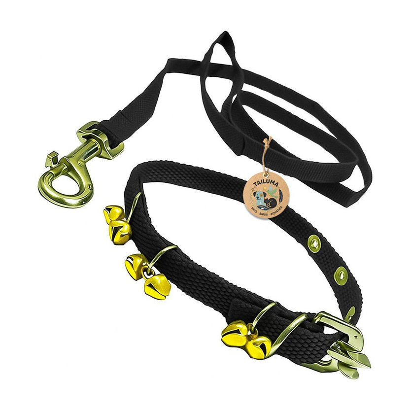 Tailuma Nylon Ghungroo Neck Collar Belt and Leash with Adjustable Stainless Steel Hook Dog & Cat Collar & Leash(Small, Black)
