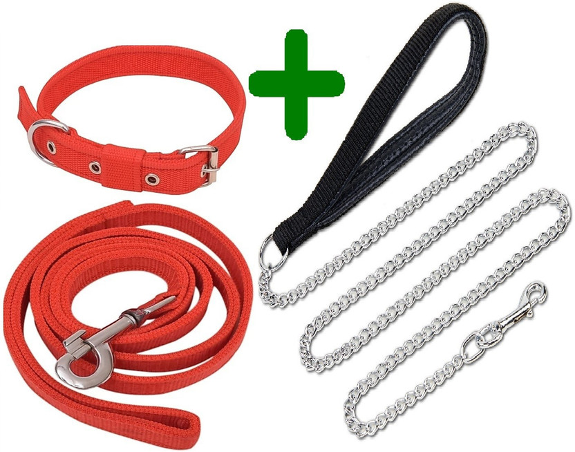 SENAPATI Combo Dog Chain Leash Collar & Belt Set 1 inch Medium Dog Collar & Chain(Medium, red)