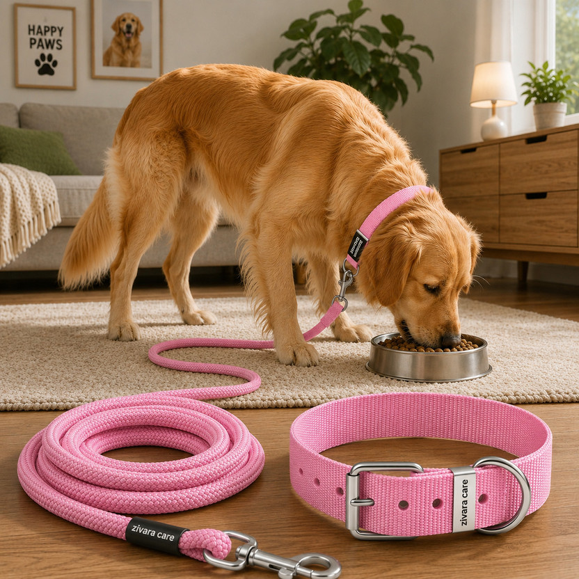 ZIVARA CARE Zivara Care Dog Coller & Leash Combo Dog Collar & Leash(Medium, Pink)