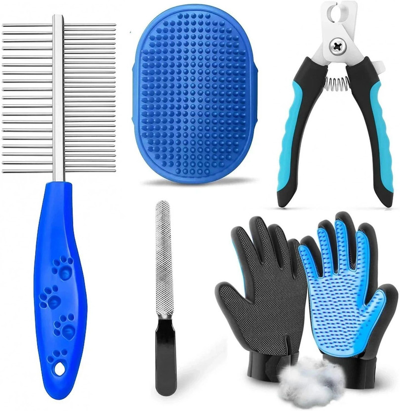 YOUHAVEDEAL Dog Grooming Kit for Puppies & Dogs & Cats Pet Bath Brush Grooming Comb with Adjustable Ring + Dog Nail Clippers with Filer + Pet Bath Glove Grooming + Double Side Steel Comb for Puppy, Cat and Kitten - 4 in 1 Dog Combo (Color May Vary) Plain/ Bristle Brushes for  Dog, Cat, Guinea Pig, H