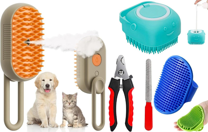 TRYV 5IN1 Pet Grooming Kit Combo STEAM Brush NAIL CLIPPER Shampoo Dispenser Bath Set Slicker Brushes for  Dog & Cat, Dog, Cat