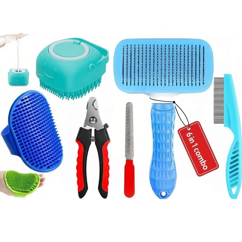 TRYV 6in1 Pet Grooming Kit Combo Brush Nail Clip Shampoo Dispenser Bath Comb Set Slicker Brushes for  Dog & Cat, Dog, Cat