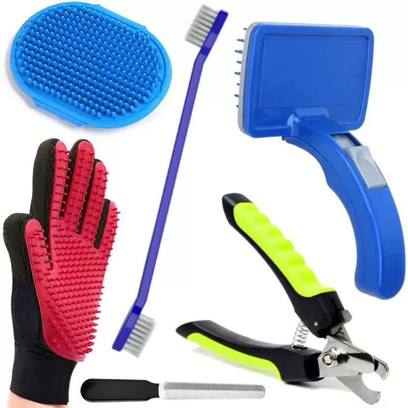 Breedo Dog Slicker Brush + Nail Clipper + Teeth Brush + Bath Gloves + Gloves Scrub Basic Comb for  Dog & Cat, Dog, Monkey, Rabbit, Hamster