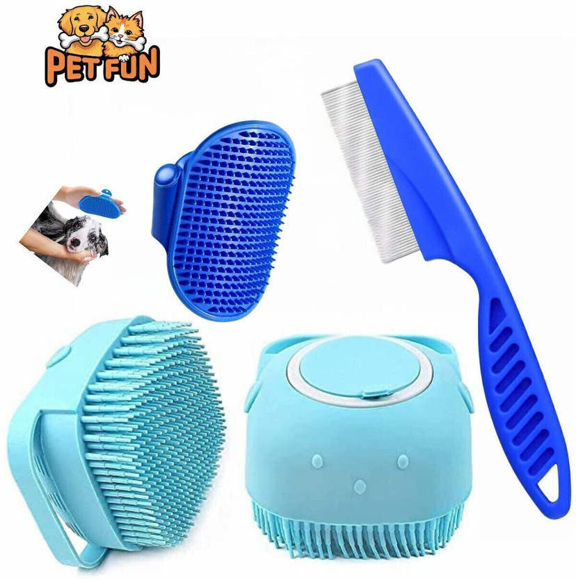 Petfun Flea Comb, Shampoo Dispenser Brush & Palm Gloves for Dogs & Cats (Pack of 3) Plain/ Bristle Brushes for  Dog & Cat, Horse