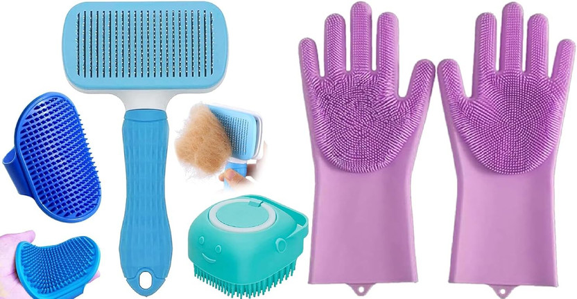 TRYV Pet Grooming Kit Combo Brush Glove Shampoo Dispenser Bath Set Dog Cat Slicker Brushes for  Dog, Cat, Dog & Cat