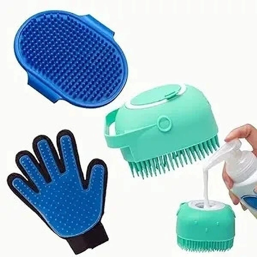 Petfun Pet Grooming Kit -PALM GLOVES ,D SHEEDING GLOVES, SHAMPOO BRUSH (PACK OF 3), Plain/ Bristle Brushes for  Dog & Cat