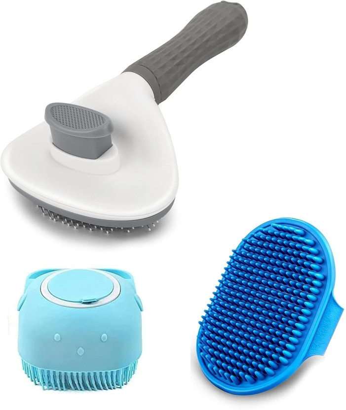 PetJoy 3Pcs Pet Grooming Combo-(Oval Slicker, Massage Bath Glove, Shampoo Dispenser Slicker Brushes for  Dog, Cat