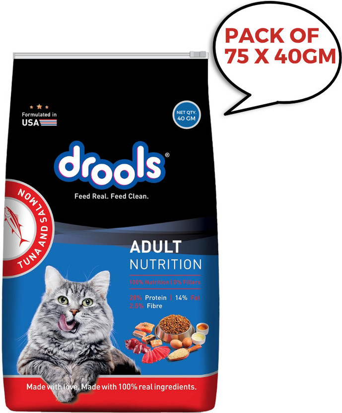 Drools Adult (Pack of 75x40G) Tuna and Salmon 3 kg Dry Adult, Senior, Young Cat Food
