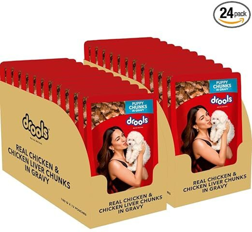 Drools Chunks in gravy for Puppy - Chicken Liver and Real Chicken 3.6 kg (24x0.15 kg) Wet Young Dog Food