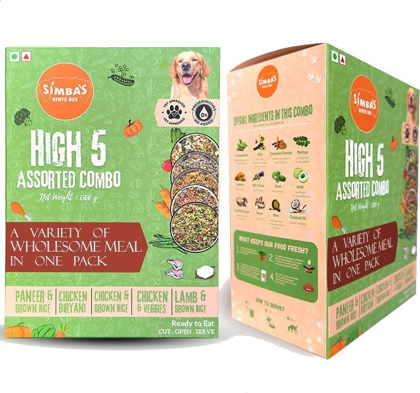 Simba's Bento Box High-5 Assorted Dry Dog Food Combo Pack for Puppies And Adult, 5 Meals Paneer, Chicken, Brown Rice, Vegetable, Lamb 1.5 kg Dry All Life Stages Dog Food