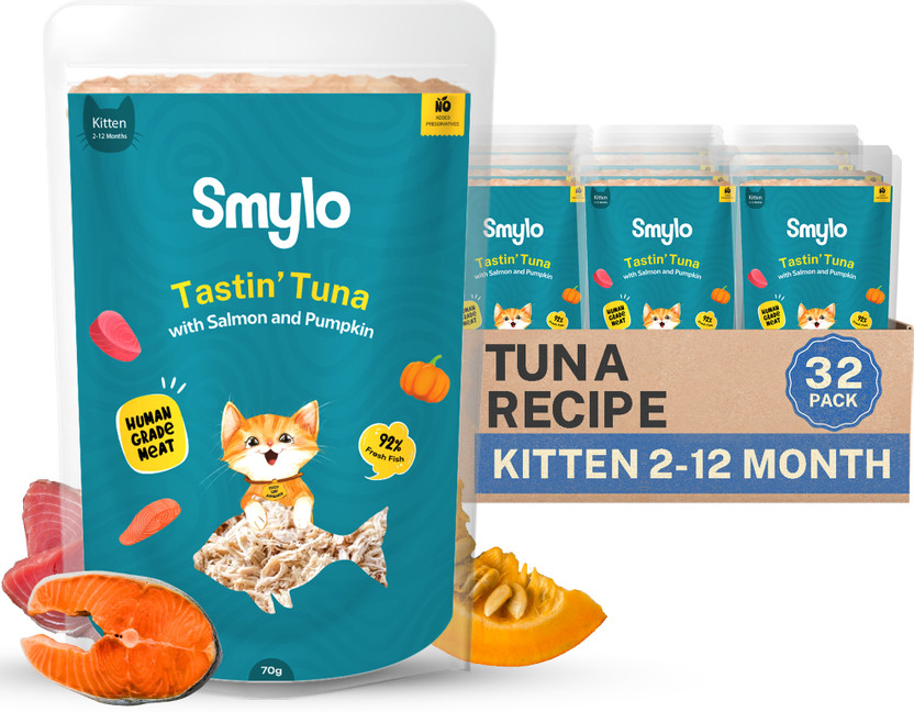 Smylo Natural Healthy Wet Kitten Food (2-12 Months) Tuna, Salmon 2.24 kg (32x0.07 kg) Wet Young Cat Food