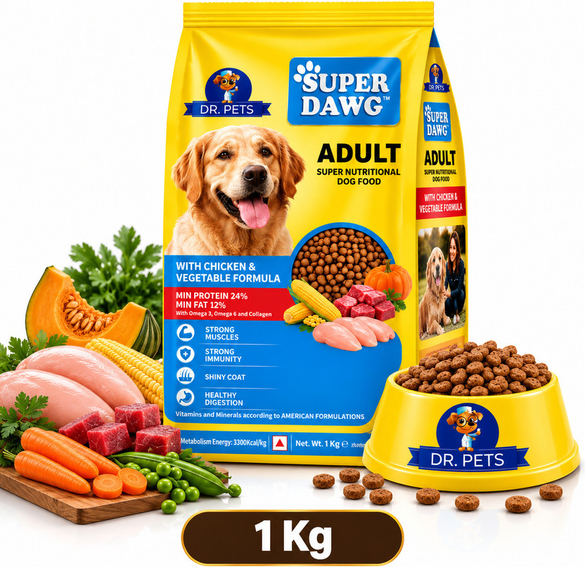 Dr.pets Adult Dry Dog Food Chicken & Vegetables High Protein Growth Formula Chicken 1 kg Dry Adult, Senior Dog Food