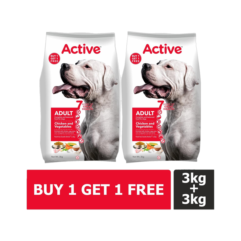 Active Buy 1 Get 1 Chicken and Vegetable 6 kg (2x3 kg) Dry Adult Dog Food