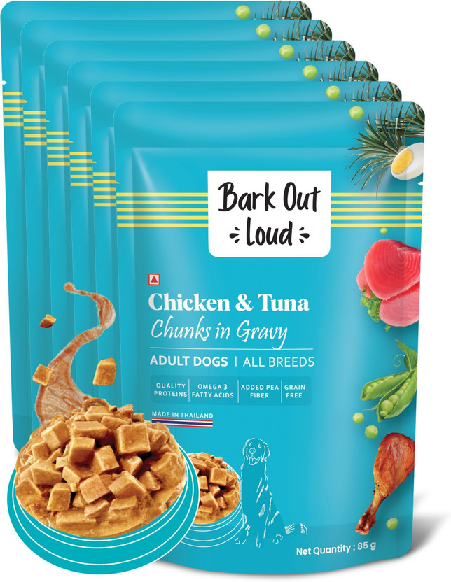 BARK BARK OUT LOUD Wet Dog Food | Chicken & Tuna Gravy Chunks 0.51 kg (6x0.09 kg) Wet Adult Dog Food - Flipkart Deal