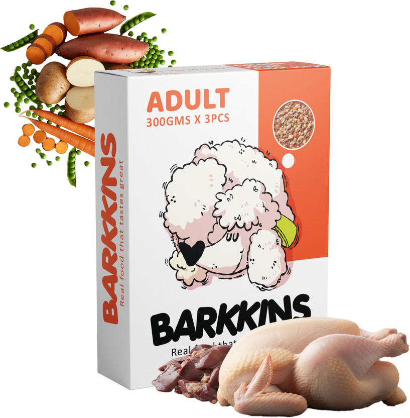 Barkkins Natural Grain Free Chicken Meal, No Artificial Flavours, Preservatives Free Chicken 0.9 kg (3x0.3 kg) Wet Adult Dog Food