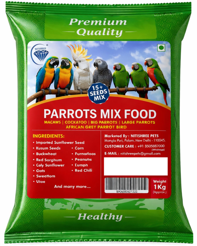 Nitishree Premium Big Parrot Mix Seeds | Parrot Bird Food | Sunflower Seeds Mix - 1000gm Nuts 1 kg Dry Adult, Young, Senior Bird Food