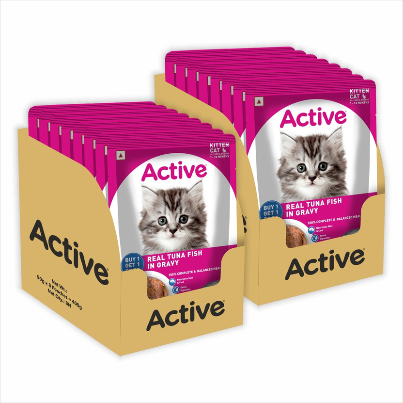 Active Twin pack (50g x 16) 16 Pouches in Gravy, Real Tuna 0.8 kg (16x0.05 kg) Wet Young Cat Food