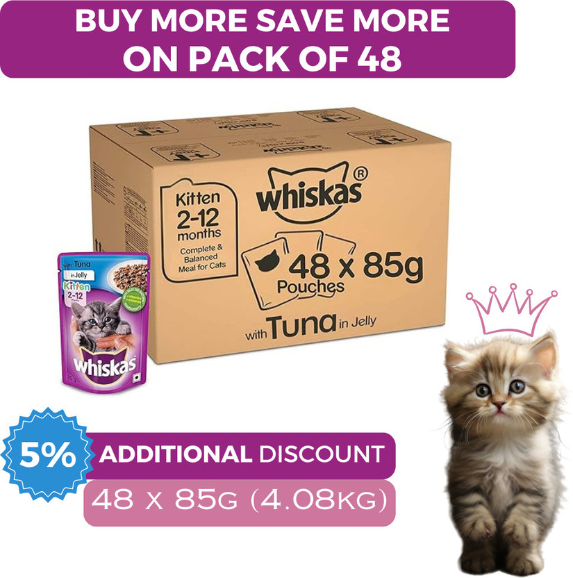 Whiskas Whiskas Wet Food For Kittens (2-12 Months), Tuna in Jelly, Pack of 48 Tuna 4.08 kg (48x0.09 kg) Wet Young Cat Food