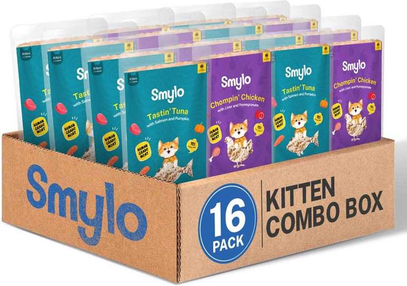 Smylo Natural Healthy Wet Kitten Food (2-12 Months) Combo of Chicken, Liver, Tuna, Salmon 1.12 kg (16x0.07 kg) Wet Young Cat Food