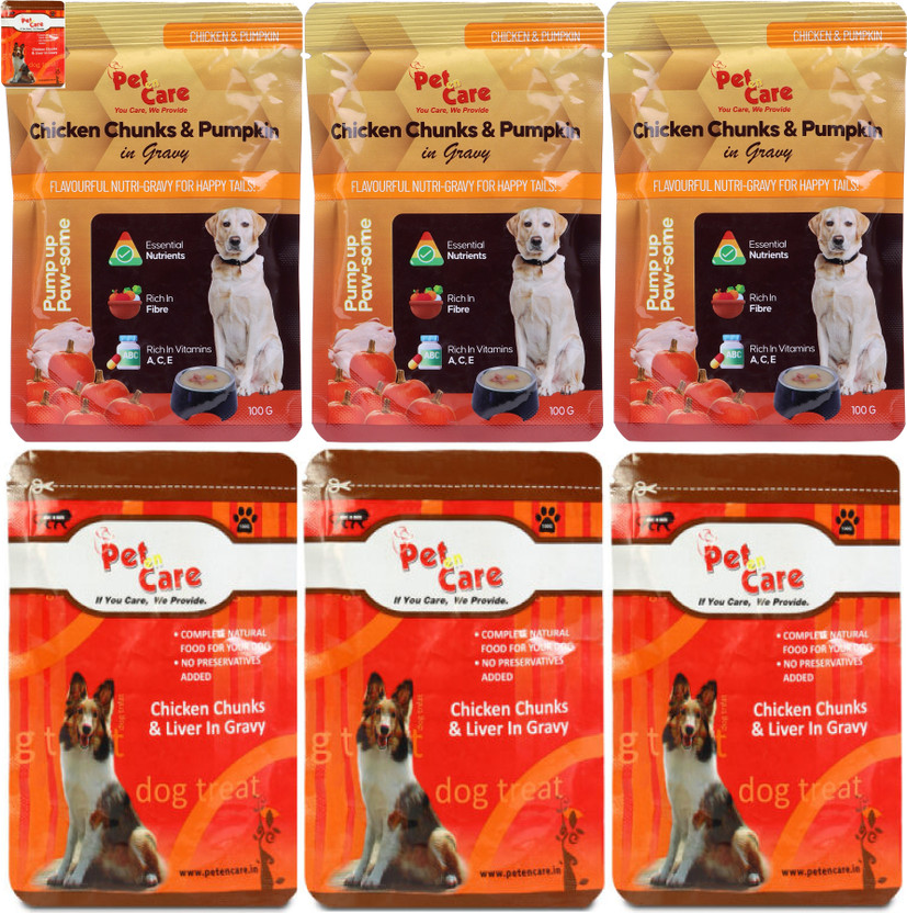 Pet En Care Chicken Chunks & Pumpkin in Gravy and Chicken Chunks & Liver Pack of 6 Chicken 0.6 kg (6x0.1 kg) Wet All Life Stages Dog Food