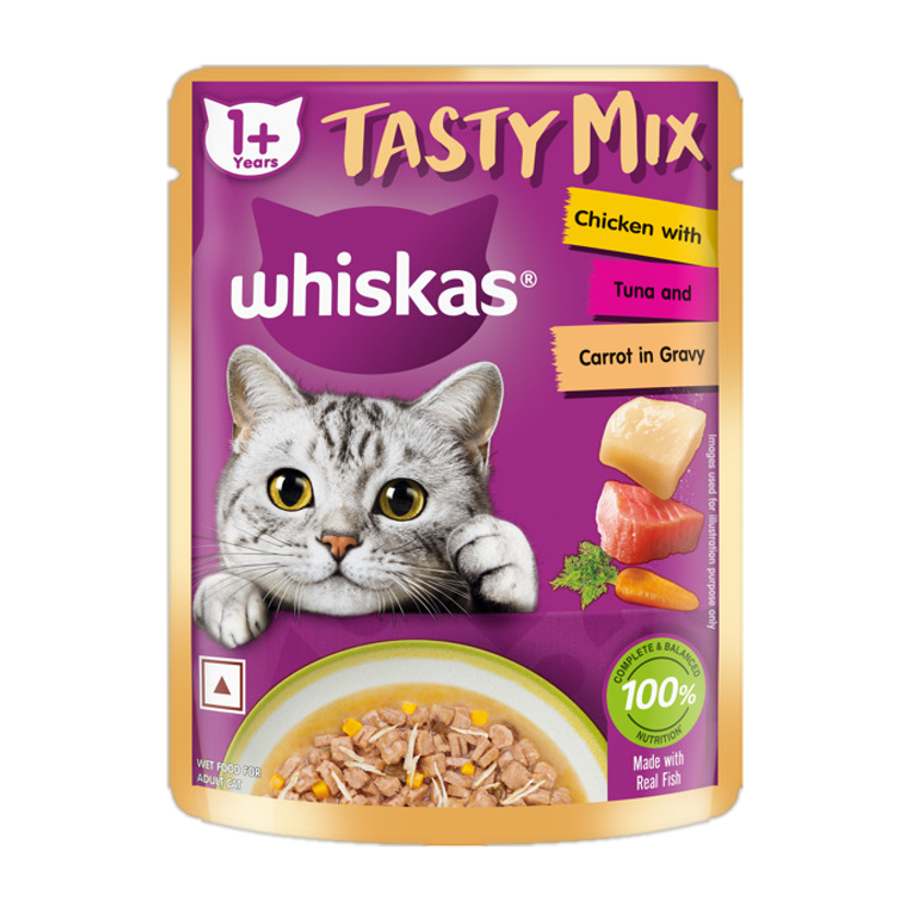 Whiskas Tasty Mix Made With Real Fish, Tuna And Carrot in Gravy Chicken 70 g Wet Adult Cat Food