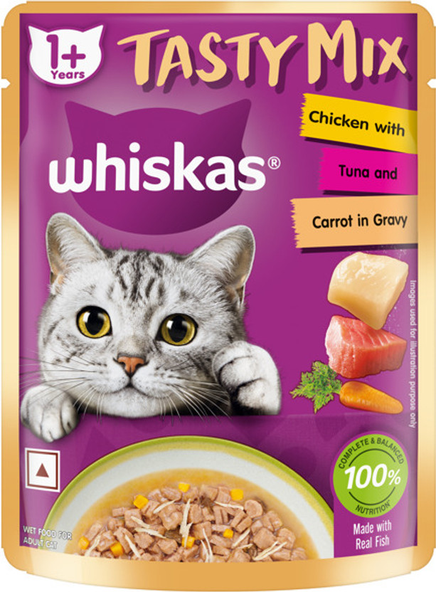Whiskas Tasty Mix Made With Real Fish, Tuna And Carrot in Gravy Chicken 70 g Wet Adult Cat Food