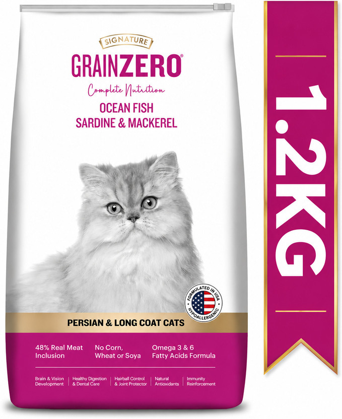 Signature Grain Zero Persian Dry Cat Food | No Grain Formula, Hairball Control Mackerel, Fish 1.2 kg Dry Adult, Senior Cat Food