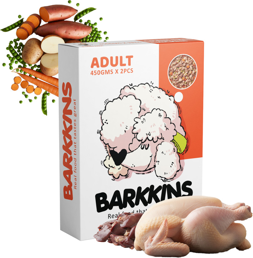 Barkkins Natural Grain Free Chicken Meal, No Artificial Flavours, Preservatives Free Chicken 0.9 kg (2x0.45 kg) Wet Adult Dog Food