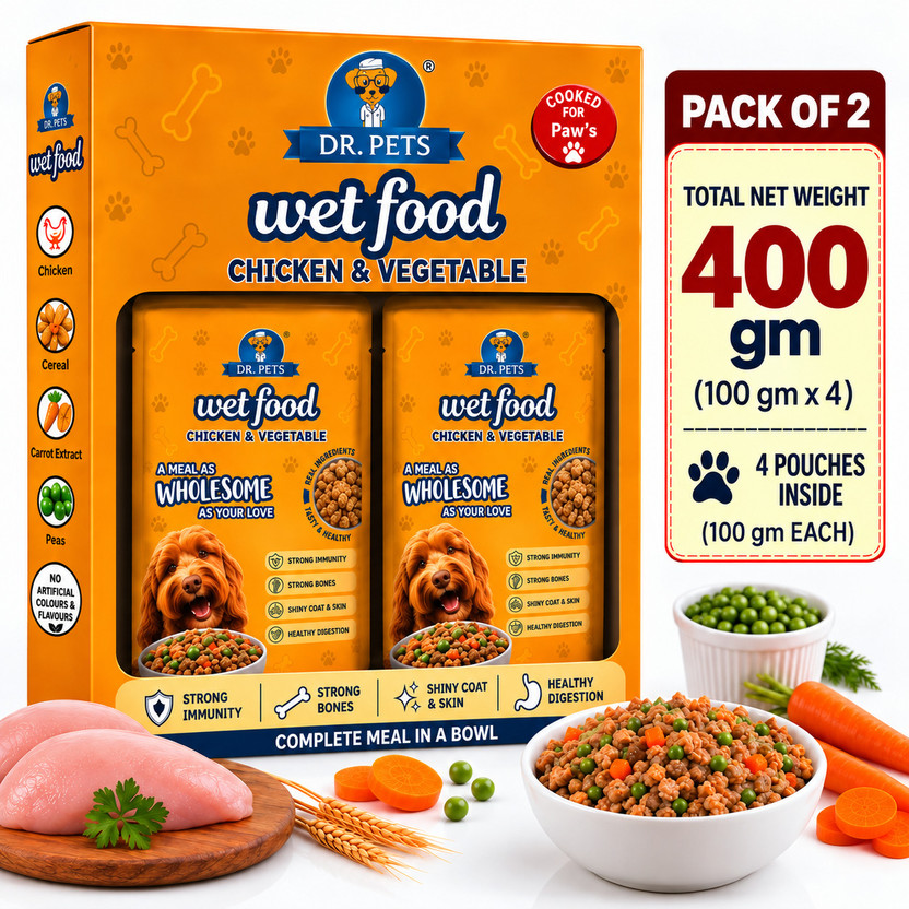 Dr.pets Dog Wet Food Buy 2 Get 2 (100gmX4) Real Chicken Fresh Vegetable Gravy Dog Treat Chicken 0.4 kg (2x0.2 kg) Wet All Life Stages Dog Food