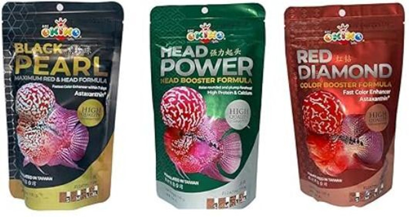 Okiko Okiko Flowerhorn fish food (Black Pearl+Head Power + Red Diamond) L Size Pellets Fish 0.3 kg Dry All Life Stages Fish Food