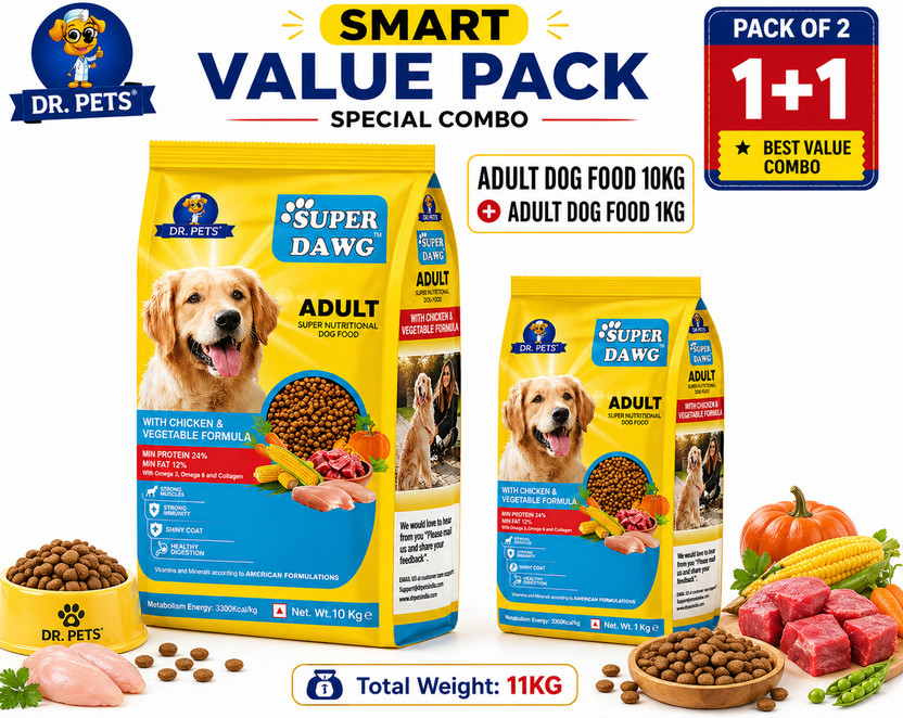 Dr.pets Dog Food & Treat Combo – SD Adult 10 kg + SD Adult 1 kg Chicken 11 kg (2x5.5 kg) Dry Adult, Senior Dog Food