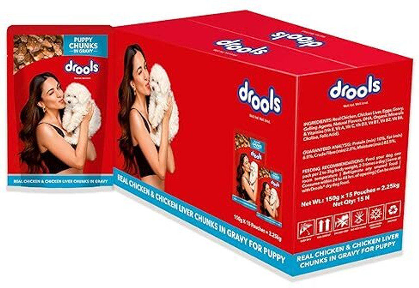 Drools Chunks in gravy for Puppy - Chicken Liver and Real Chicken 2.25 kg (15x0.15 kg) Wet Young Dog Food