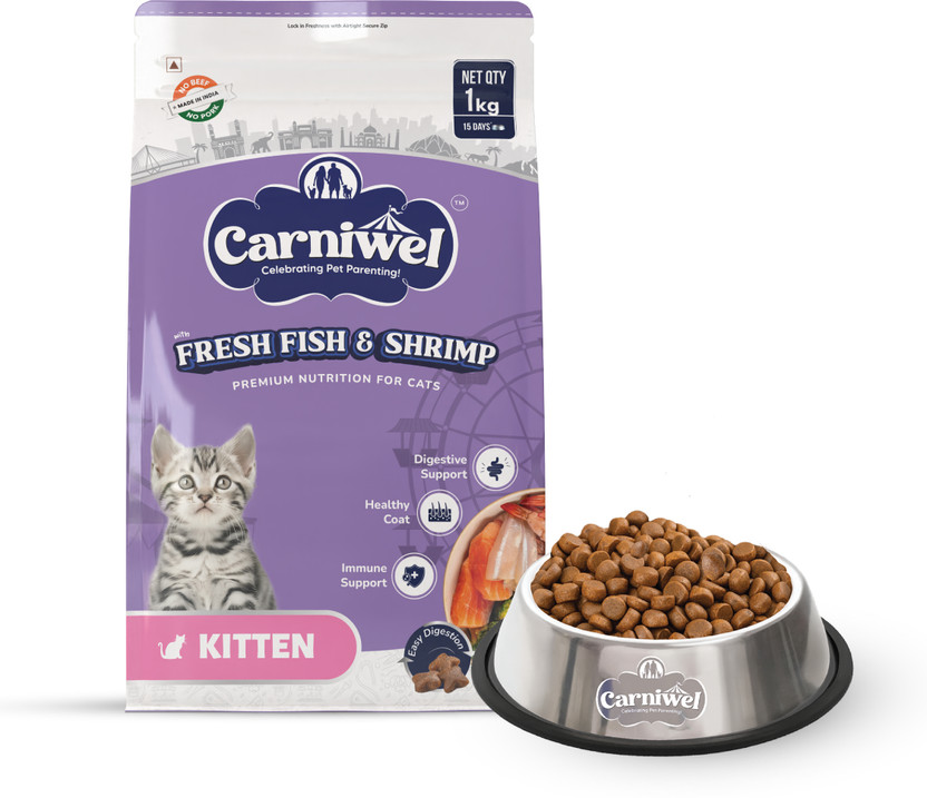 CARNIWEL Carniwel Fresh Fish & Shrimp Dry Cat Food, Kitten 1kg + Food Bowl Fish 1 kg Dry Senior Cat Food
