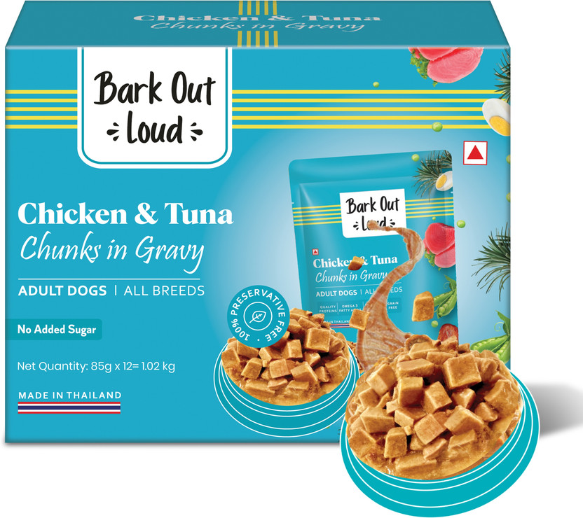 BARK OUT LOUD Wet Dog Food | Chicken & Tuna Gravy Chunks 1.02 kg (12x0.09 kg) Wet Adult Dog Food
