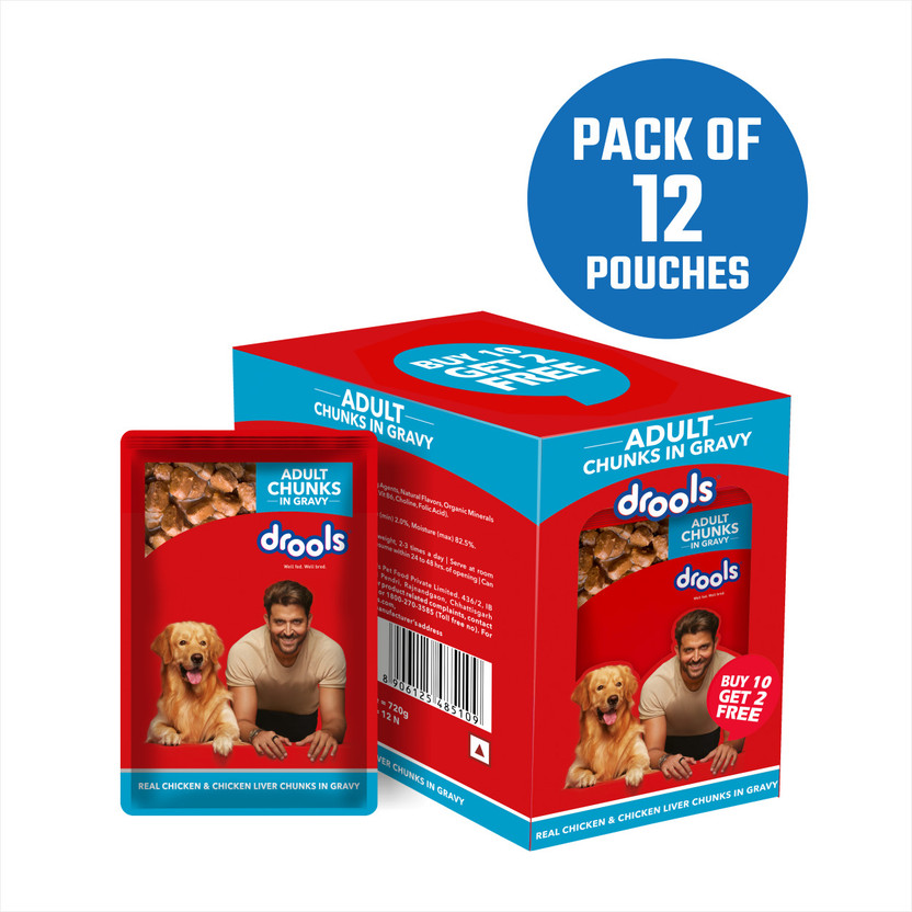 Drools Chicken Liver Chunks and Real Chicken 0.72 kg (12x0.06 kg) Wet Adult Dog Food