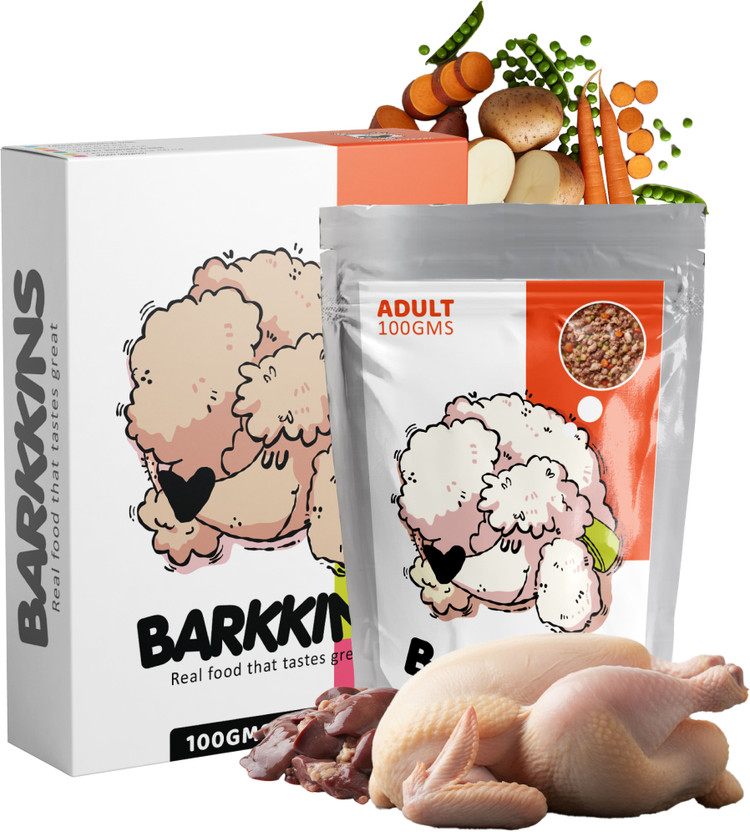 Barkkins Natural Grain Free Chicken Meal, No Artificial Flavours, Preservatives Free Chicken 0.4 kg (4x0.1 kg) Wet Adult Dog Food