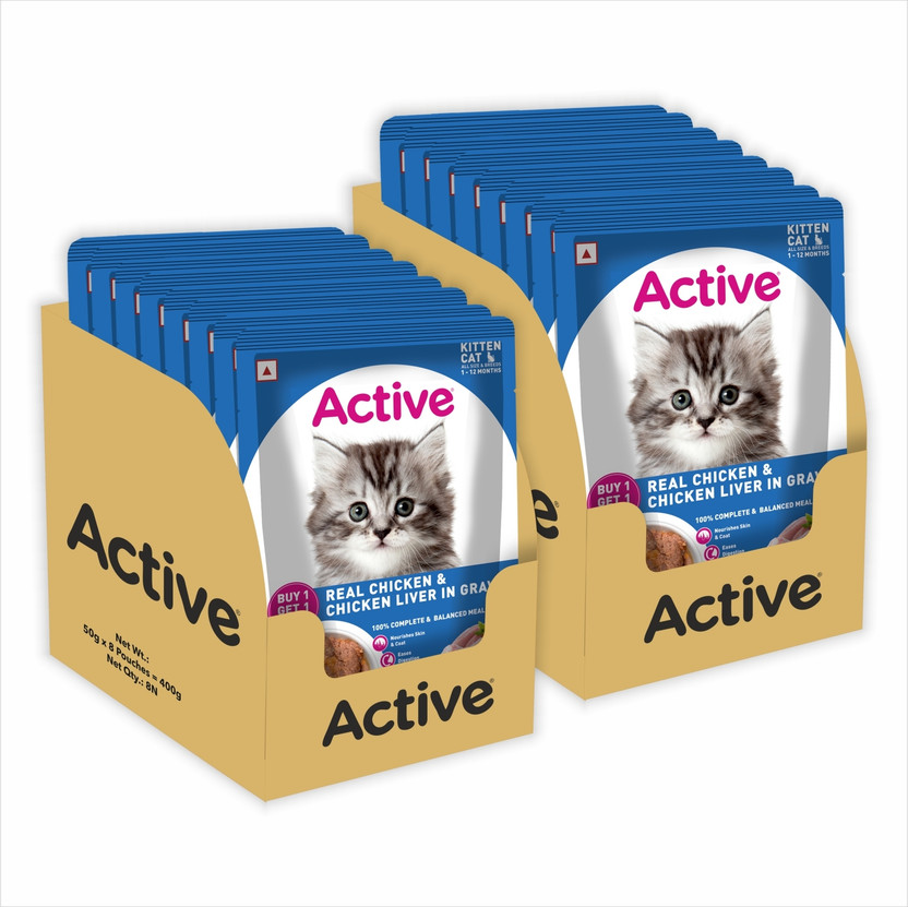 Active Twin pack (50g x 16) 16 Pouches in Gravy, Real Chicken 0.8 kg (16x0.05 kg) Wet Young Cat Food