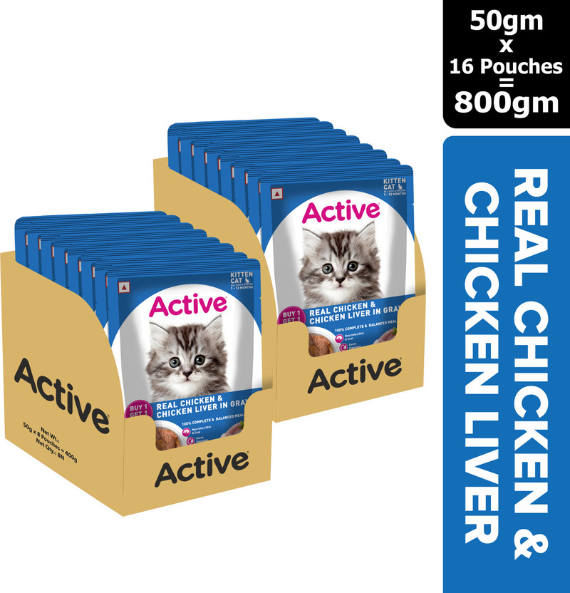 Active Twin pack (50g x 16) 16 Pouches in Gravy, Real Chicken 0.8 kg (16x0.05 kg) Wet Young Cat Food