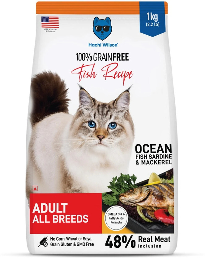 Hachi Wilson Cat Food Grain Free, High-Protein Supports Healthy Muscle Development Fish 1 kg Dry Adult Cat Food