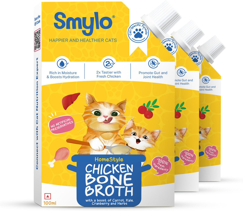 Smylo Daily Hydration Booster, Chicken Bone Broth for Cats Chicken 0.4 kg (3x0.13 kg) Wet Adult, Young, Senior Cat Food