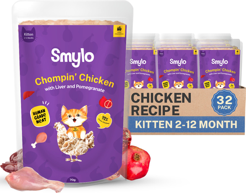 Smylo Natural Healthy Wet Kitten Food (2-12 Months) Chicken, Liver 2.24 kg (32x0.07 kg) Wet Young Cat Food