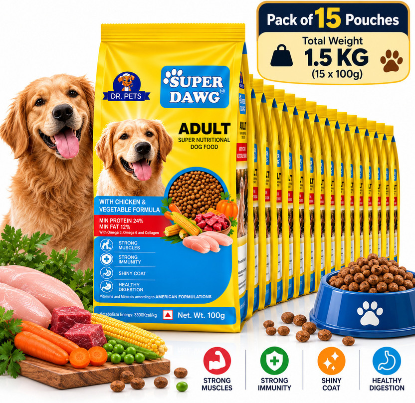Dr.pets Super Dawg Adult Dry Dog Food Chicken & Vegetable Formula | Pack of 15 Chicken 1.5 kg (15x0.1 kg) Dry Adult, Senior Dog Food