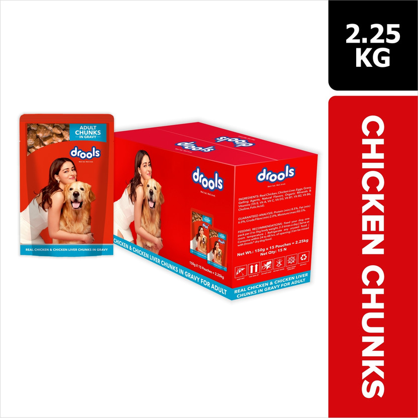 Drools Chunks in gravy for Adult - Chicken Liver and Real Chicken 2.25 kg (15x0.15 kg) Wet Adult Dog Food